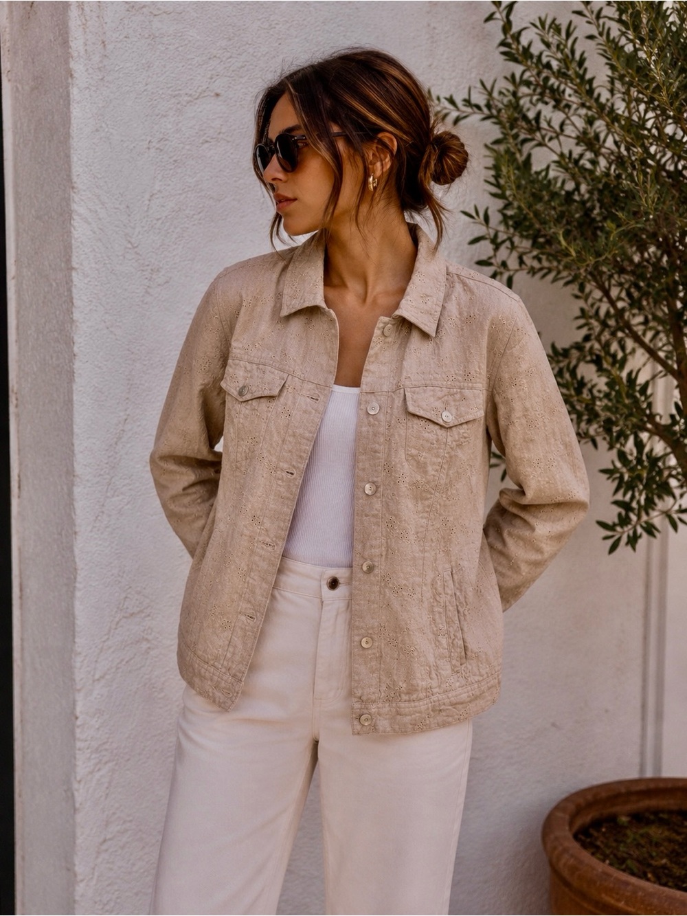 Charter Club Woman Embroidered Linen Blend Utility Jacket Beige 1X